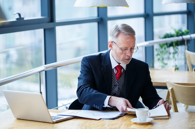 Adult male mentor, director, businessman in glasses and a suit studying documents while sitting at the table. Working day concept