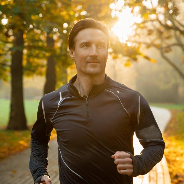 Adult male runner in park at autumn sunrise