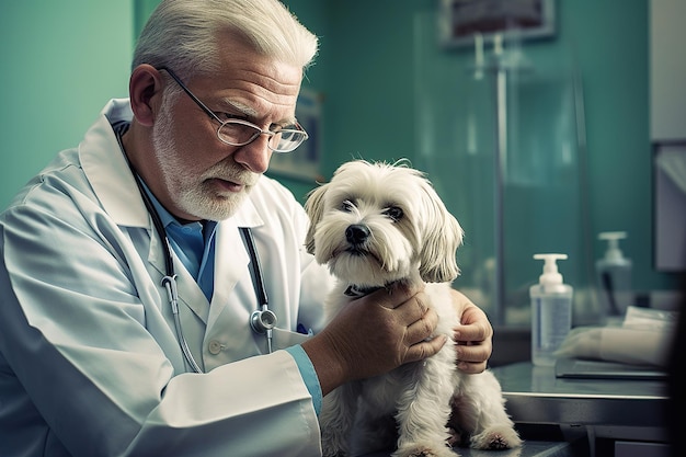 An adult male veterinarian examines a dog at a clinic