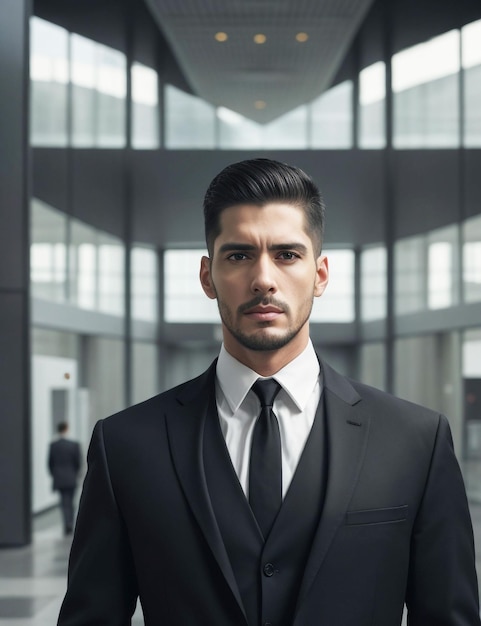 Взрослый мужчина в черной куртке стоит перед офисом