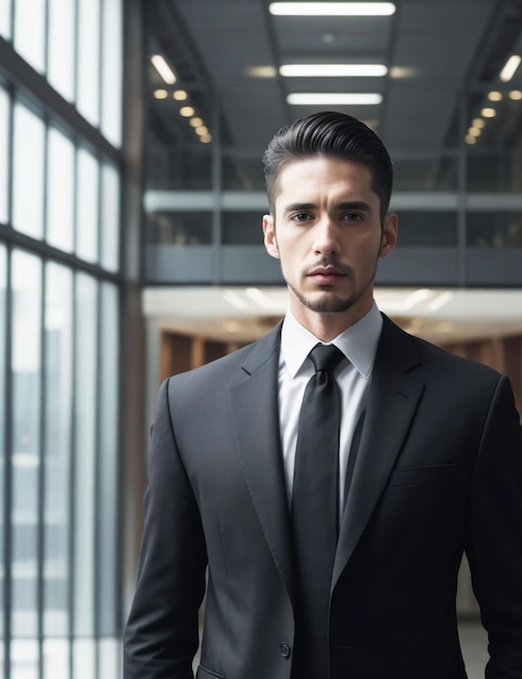 Adult man in black jacket stands in front of office