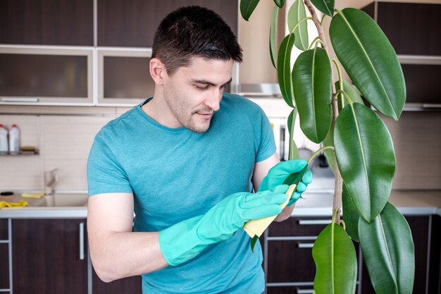 Adult man cleaning pipal in kitchen