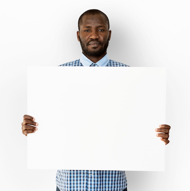 adult man hands hold blank paper board copy space