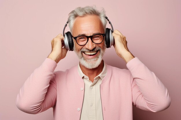 Photo an adult man in headphones listens to music ai generated