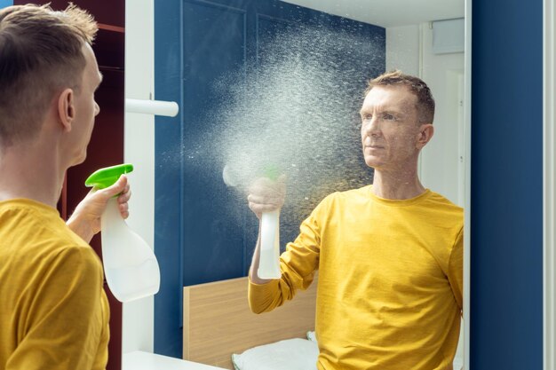 Adult man hold bottle of cleanser and spray splashes on mirror of sliding wardrobe door Wash mirror with cleaners