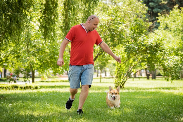 L'uomo adulto sta addestrando il suo cane pembroke welsh corgi al parco cittadino