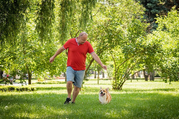 성인 남자가 도시 공원에서 그녀의 웨일스 코기 펨브로크 개를 훈련시키고 있다