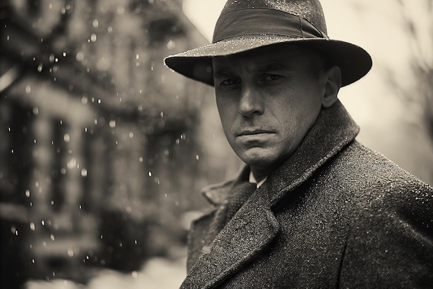 adult man serious confident gentleman detective in a hat and coat on street in city Vintage black and white scan