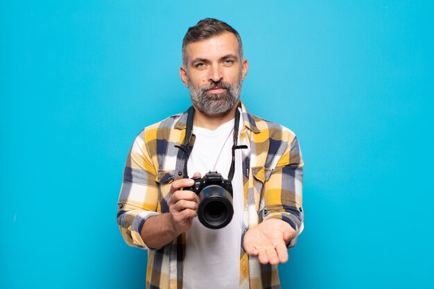 Adult man smiling happily with friendly, confident, positive look, offering and showing an object or concept