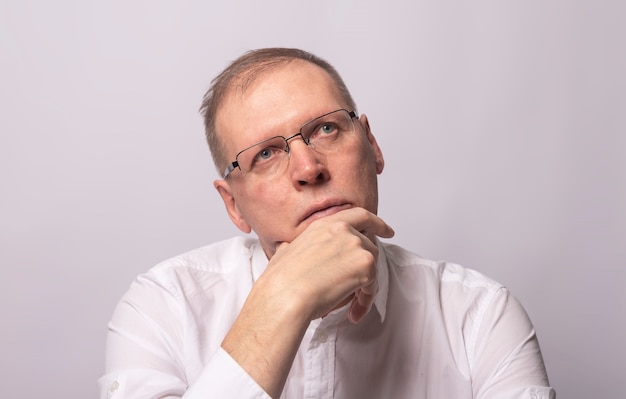 Adult man with hand on chin staring and thinking. Serious businessman.