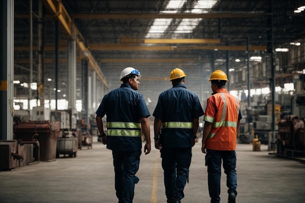 Взрослые мужчины-сотрудники в промышленной комнате в шляпах и защитной рабочей одежде