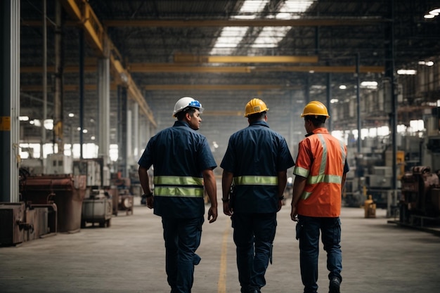 Adult men coworkers in industrial room wearing hardhats and protective workwear