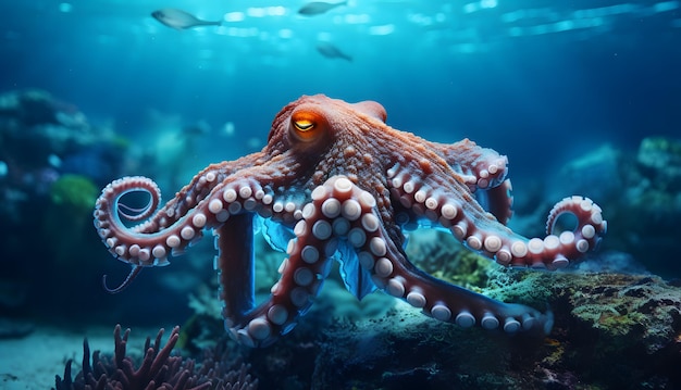 Adult octopus swimming at Pacific ocean