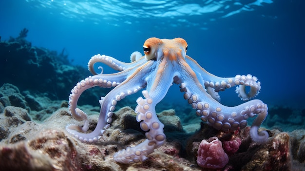 Adult octopus swimming at pacific ocean