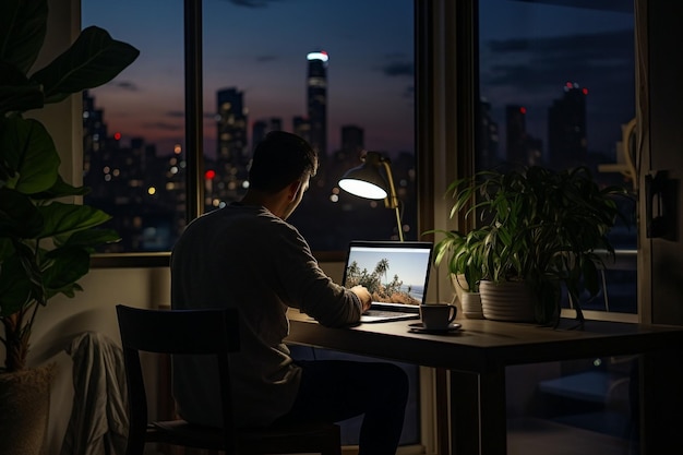 Adult person working late at night from home