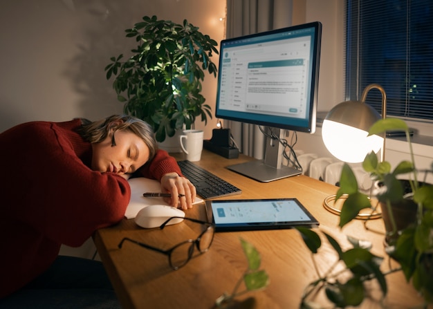 Foto persona adulta che lavora a tarda notte da casa