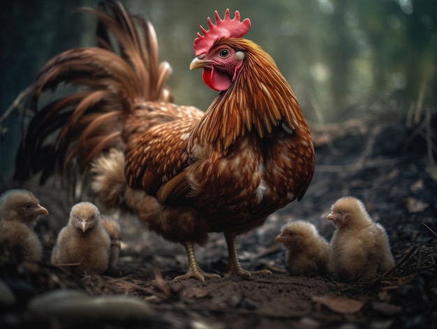 Adult Rooster with babies generative AI