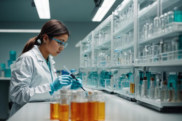Взрослый ученый сосредоточился на эксперименте в защитных очках и перчатках в лабораторном халате.