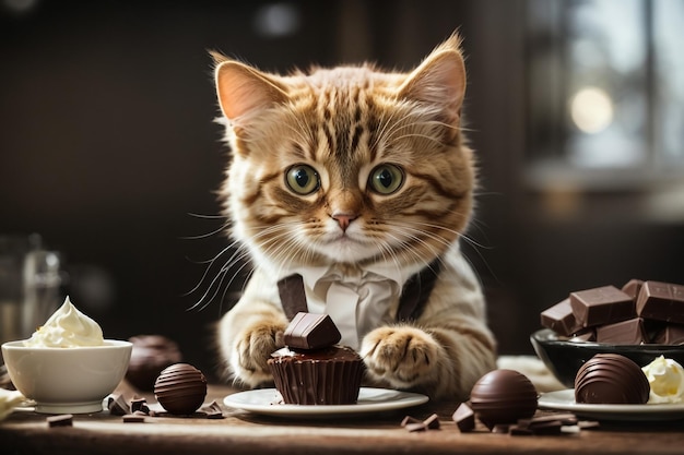 Взрослый шотландский прямой кот держит сито с сахарным порошком и посыпает сливочный пирог на коричневый ру