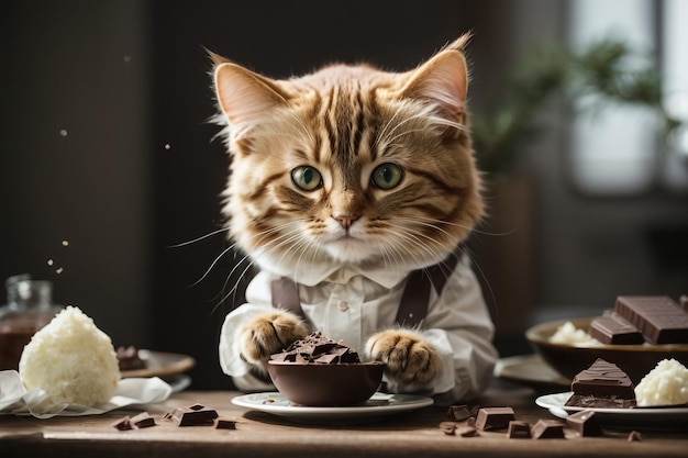 Взрослый шотландский прямой кот держит сито с сахарным порошком и посыпает сливочный пирог на коричневый ру