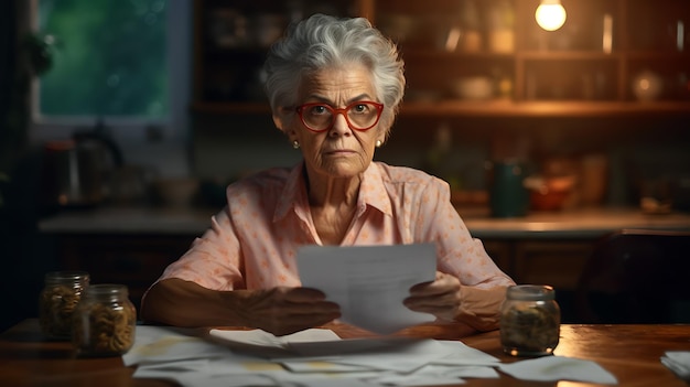 Взрослая пожилая женщина держит счета, оценивая свои расходы, сидя на кухне. Создано с помощью технологии генеративного искусственного интеллекта.