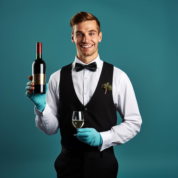 Photo adult sommelier barista male waiter butler in full body shot