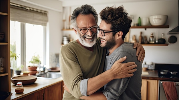 Foto un figlio adulto abbracciando amorevolmente il suo vecchio padre a casa la felicità di due generazioni che vivono insieme nella celebrazione della festa dei padri ampio spazio di copia