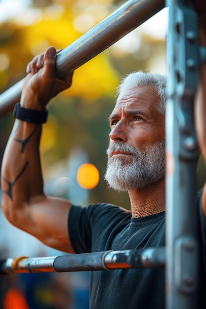 adult sporty muscular male athlete training doing exercises on horizontal bars on an outdoor sports field in summer