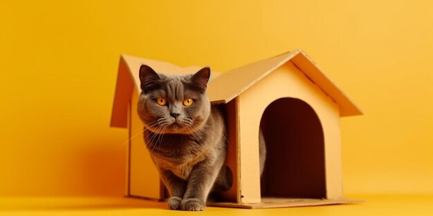 An adult straighteared scottish cat sits in a brown cardboard house for games and recreation on a yellow background