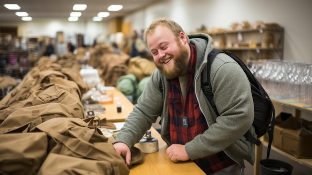 Adult syndrome down man working in a textile shop