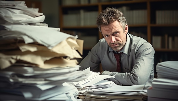 大人の白人男性が机に座って 紙の山を積んで 疲れて 圧倒されたように見えます 仕事のストレスと過負荷の概念