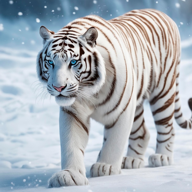 взрослый белый тигр, идущий по снегу