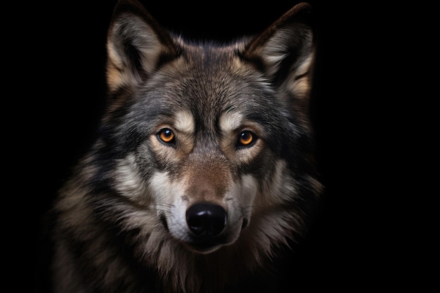 Adult wolf on black background Generative AI