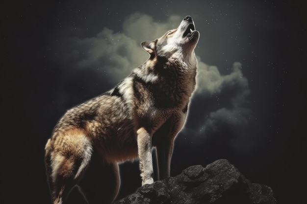 взрослый волк воет в ночи Генеративный ИИ