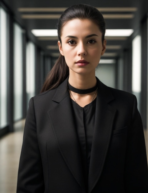 Взрослая женщина в черной куртке стоит перед офисом адвоката