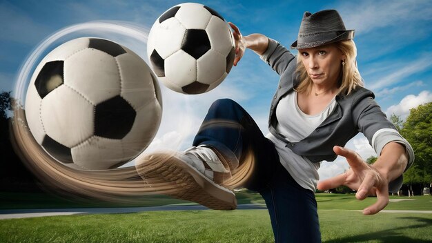 Adult woman doing tricks with soccer ball