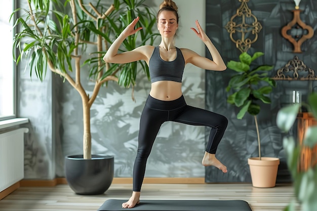 Adult woman doing yoga at home