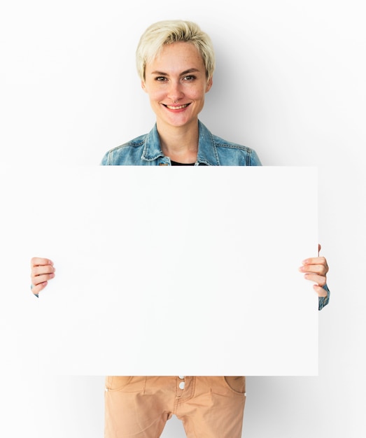 Adult Woman Hands Hold Blank Paper Board Copy Space