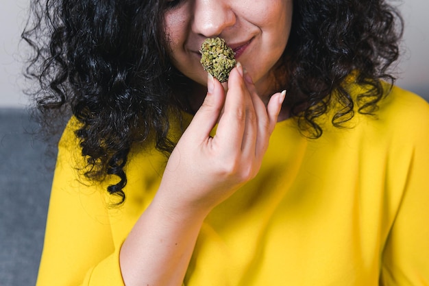 Adult woman holding in the hand medical marijuana buds close up