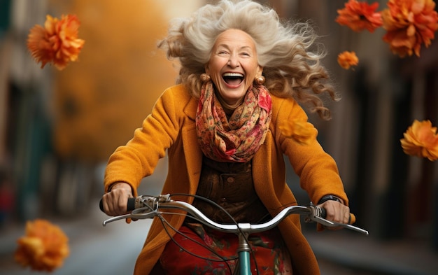 Взрослая женщина катается на велосипеде. Бабушка на велосипеде в осенний день