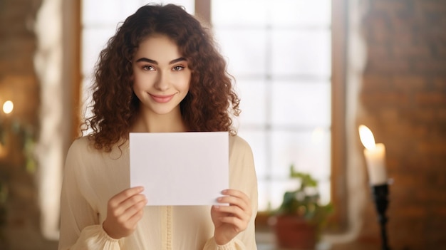 Adult woman shows a white sheet of paper on a blurred background