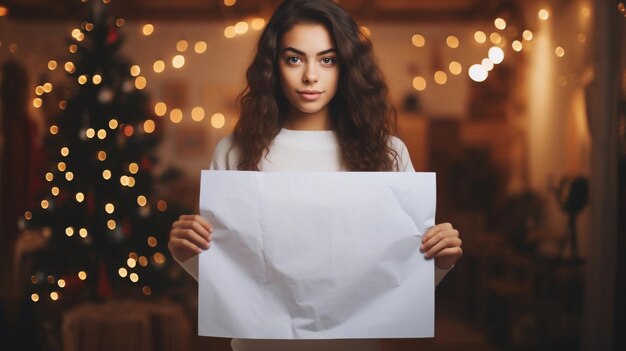 Adult woman shows a white sheet of paper on a blurred background