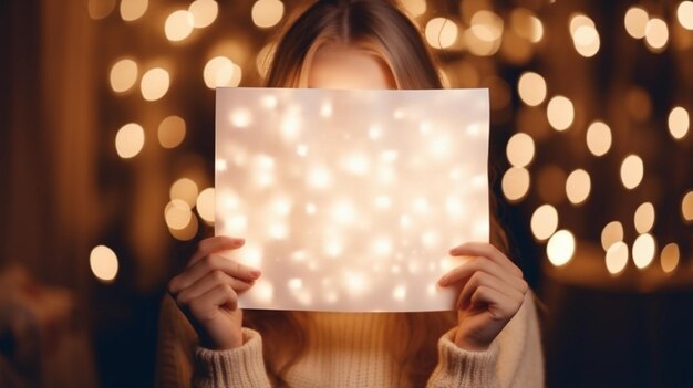 Adult woman shows a white sheet of paper on a blurred background