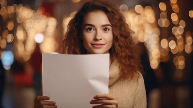 Adult woman shows a white sheet of paper on a blurred background