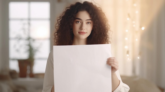 Adult woman shows a white sheet of paper on a blurred background