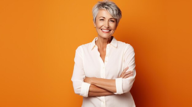 An adult woman with gray hair and stylish clothes looks at the camera on a bright orange background