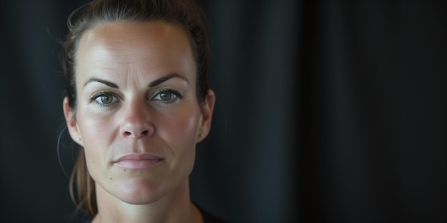 An adult woman with a serious face against a dark background