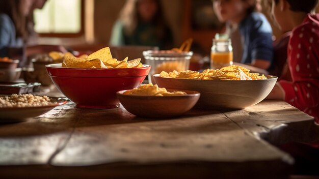 Foto adulti che si godono guacamole fatto in casa e tortilla chips al chiuso per pranzo generato dall'intelligenza artificiale