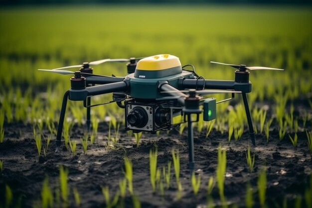 Advanced agriculture drone spraying fertilizer on rice fields for optimal crop growth