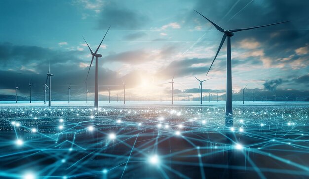 Advanced AI monitoring renewable wind turbines energy grids Sustainability innovation concept